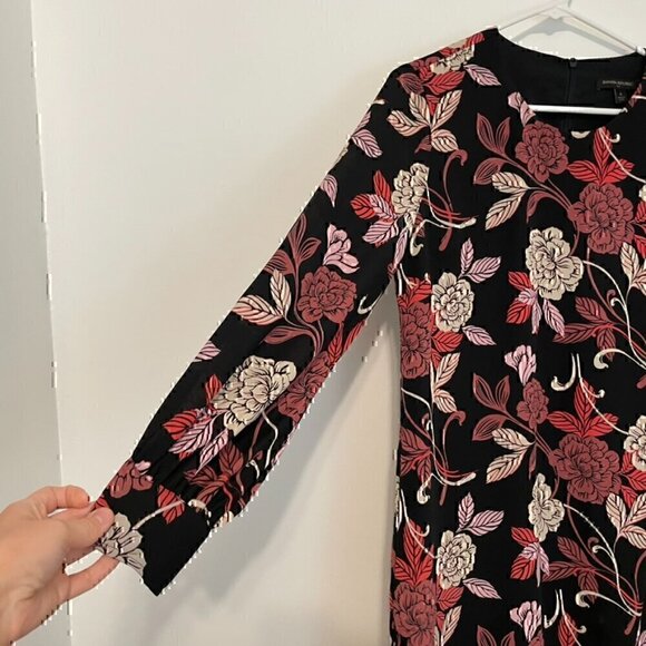 BANANA REPUBLIC Factory Black Mauve Rose Pink Tan Floral Long Sleeve Shift Dress - Picture 4 of 13